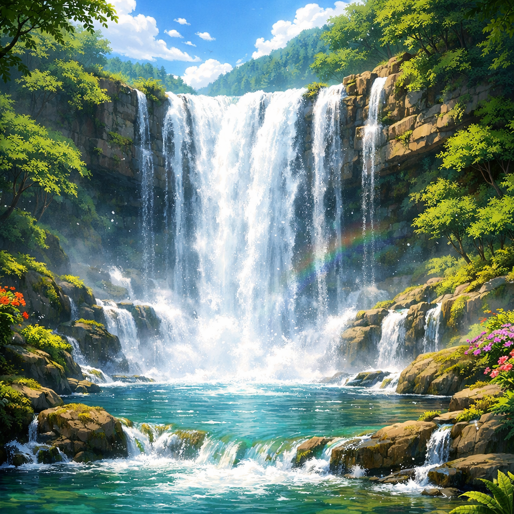 Waterfall cascading into a tranquil pool with surrounding green trees and colorful flowers